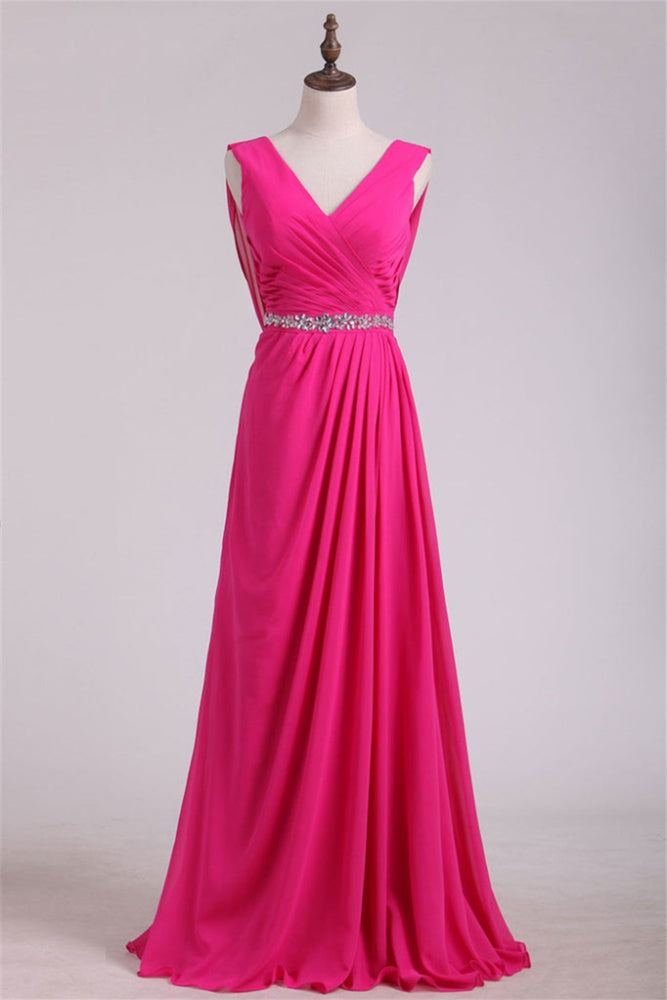 Fuchsia V-Neck Backless Bridesmaid Dress with Rhinetones