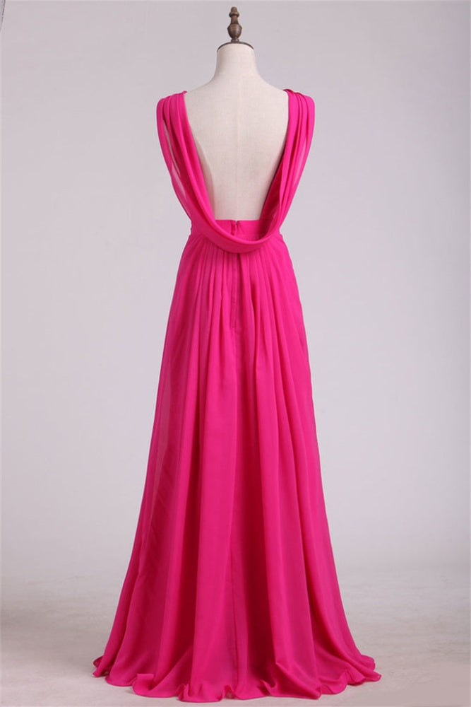 Fuchsia V-Neck Backless Bridesmaid Dress with Rhinetones