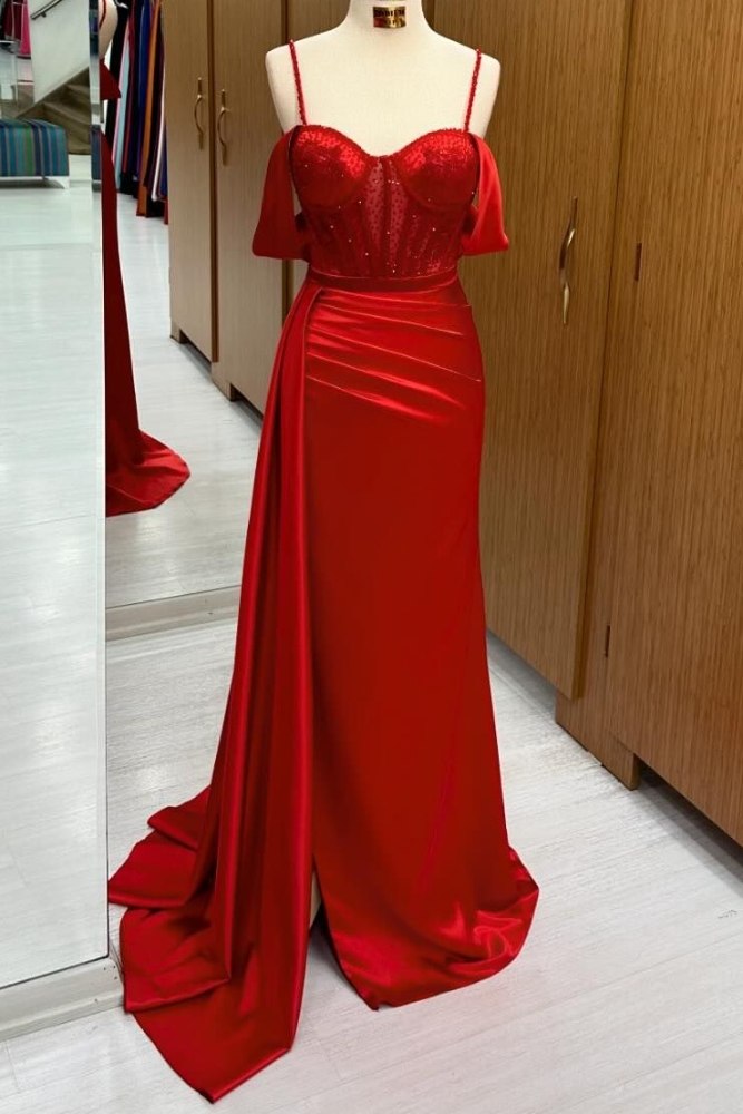 Red Off the Shoulder Beaded Ruffle Prom Dress with Slit