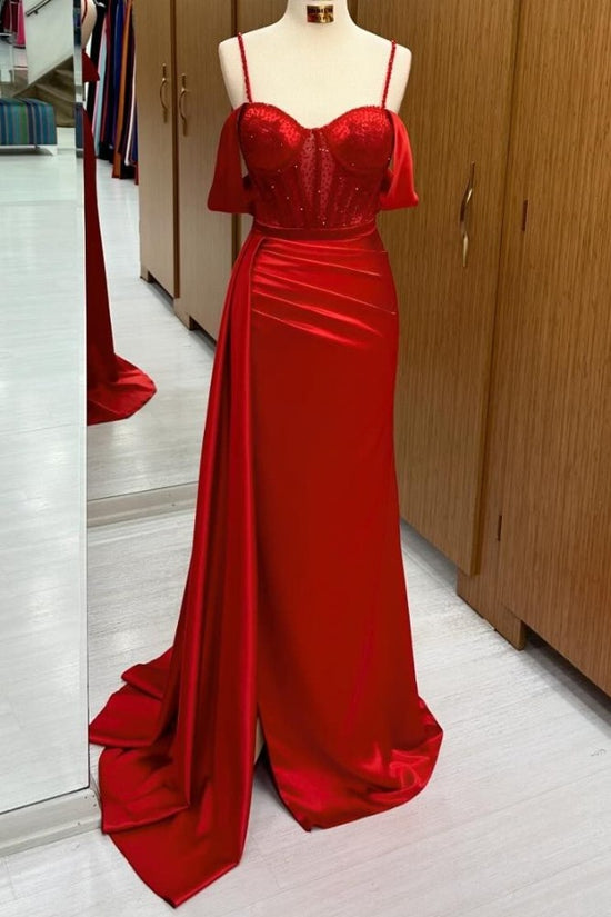 Red Off the Shoulder Beaded Ruffle Prom Dress with Slit