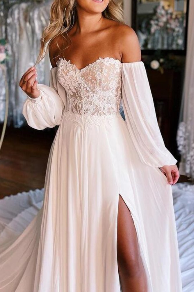 Ivory Chiffon Slit Long Bridal Dress with Long Sleeves