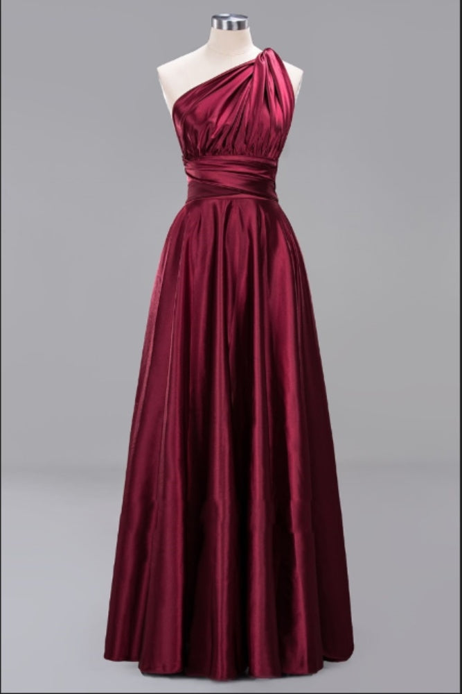 Burgundy One Shoulder A-Line Bridesmaid Dress