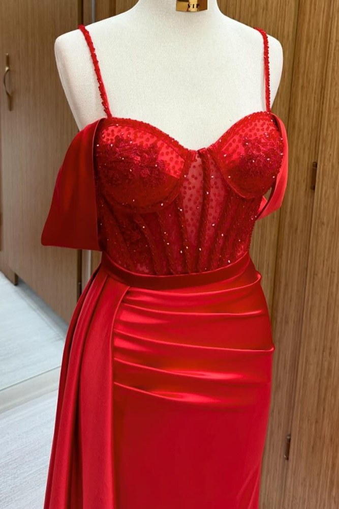 Red Off the Shoulder Beaded Ruffle Prom Dress with Slit