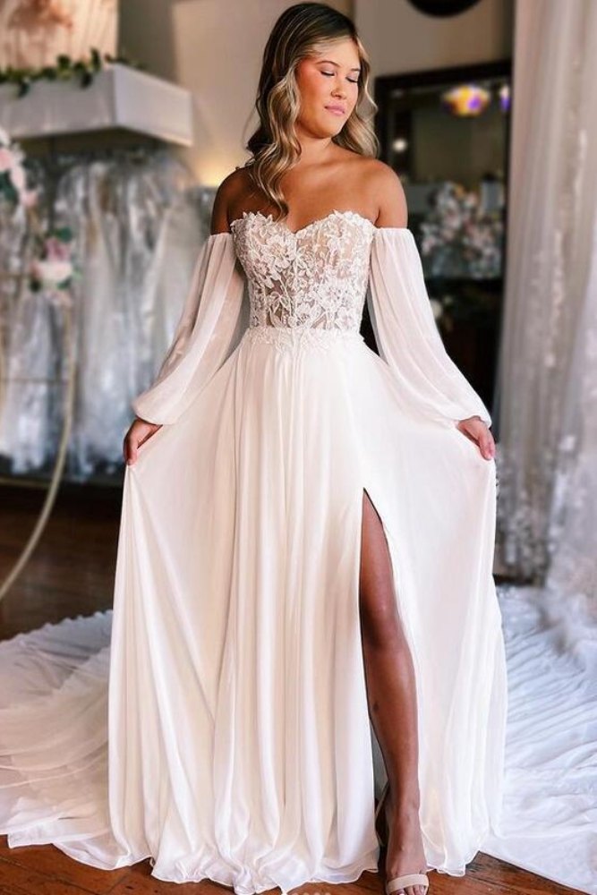 Ivory Chiffon Slit Long Bridal Dress with Long Sleeves