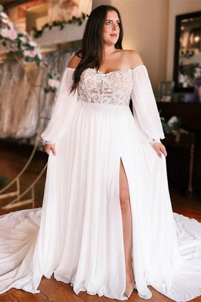 Ivory Chiffon Slit Long Bridal Dress with Long Sleeves Movousdress Ivory Chiffon Slit Long Bridal Dress with Long Sleeves Movousdress