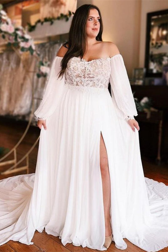 Ivory Chiffon Slit Long Bridal Dress with Long Sleeves