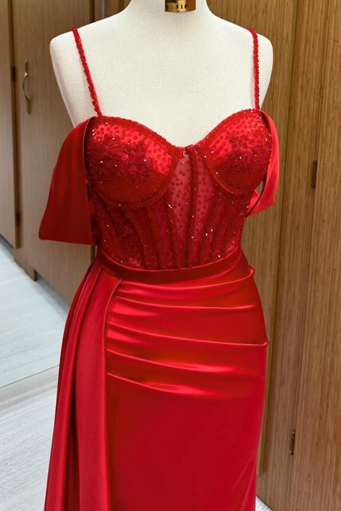 Red Off the Shoulder Beaded Ruffle Prom Dress with Slit