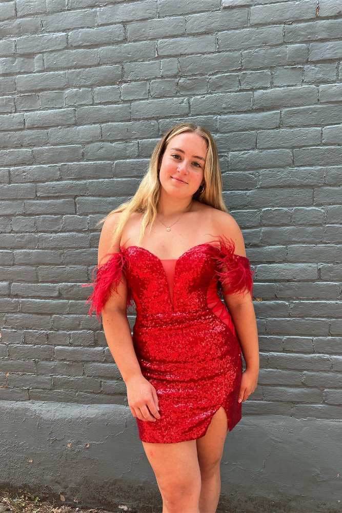 Red Off the shoulder Sequin Tight Homecoming Dress with Feathers