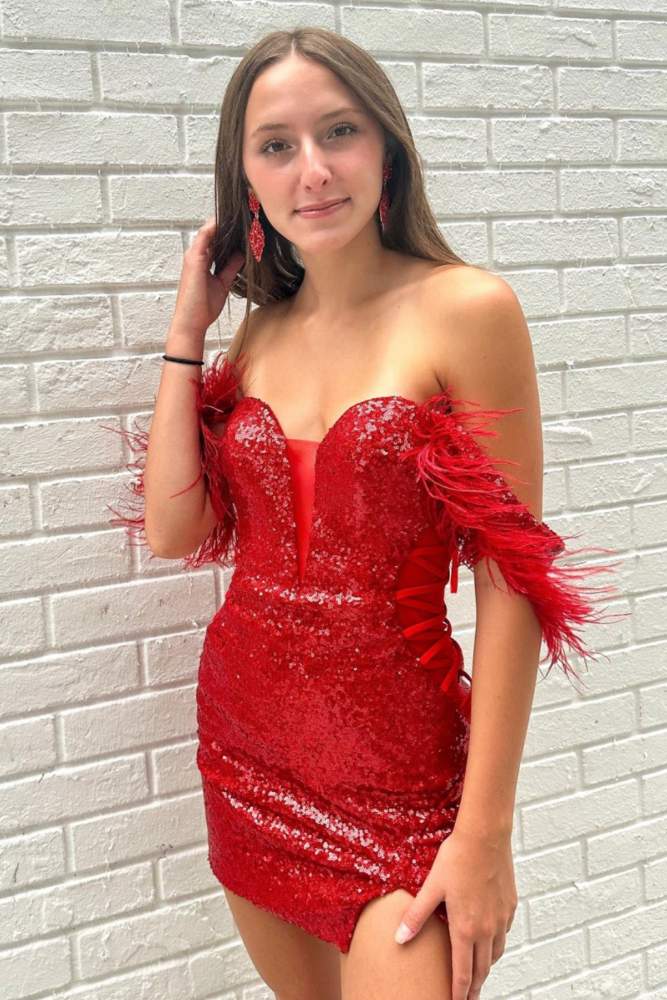 Red Off the shoulder Sequin Tight Homecoming Dress with Feathers