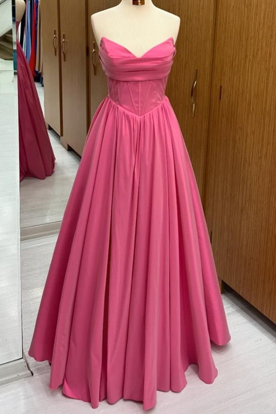 Strapless Pink Pleated Ruffle A-Line Prom Dress