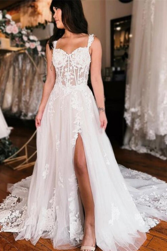 Ivory Straps Corset A-Line Slit Long Wedding Dress