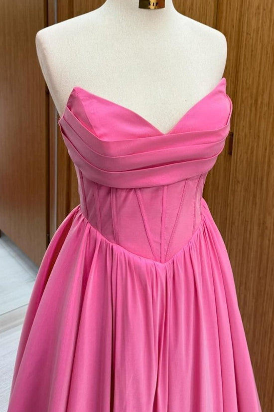 Strapless Pink Pleated Ruffle A-Line Prom Dress