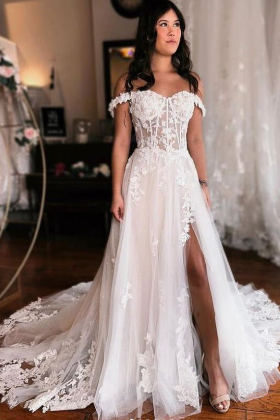 Ivory Straps Corset A-Line Slit Long Wedding Dress