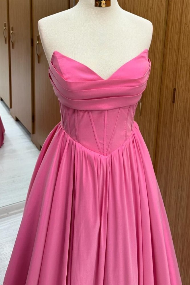 Strapless Pink Pleated Ruffle A-Line Prom Dress