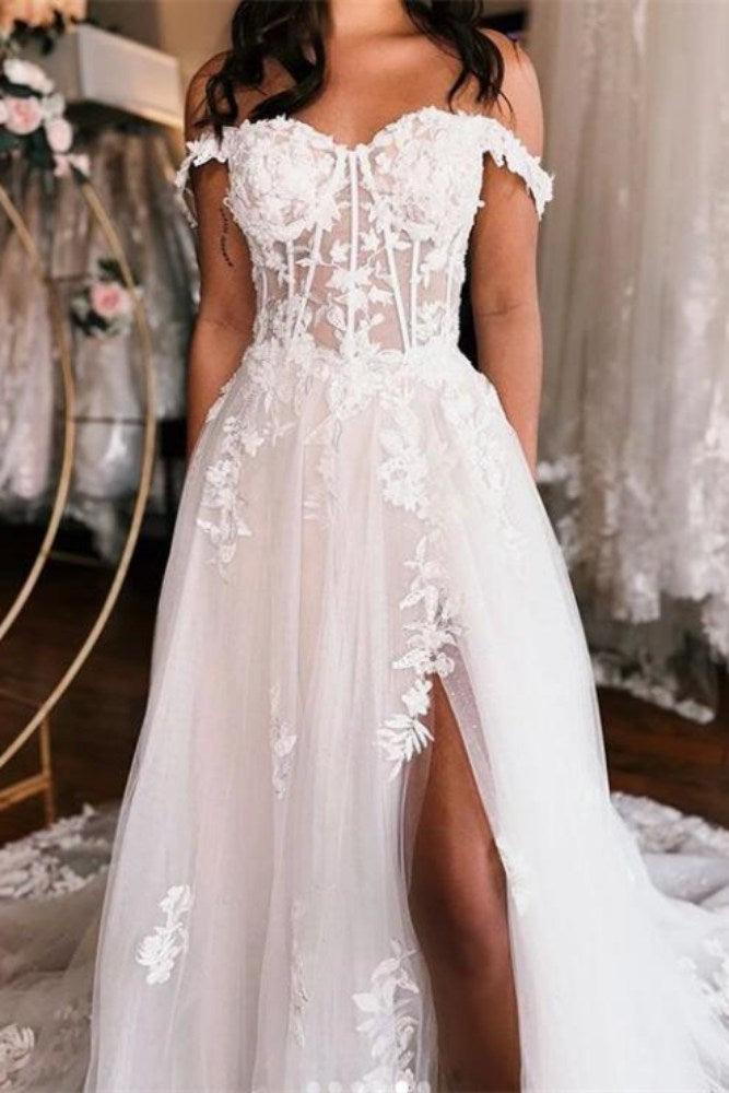 Ivory Straps Corset A-Line Slit Long Wedding Dress