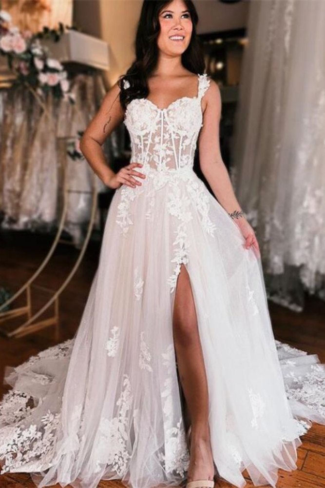 Ivory Straps Corset A-Line Slit Long Wedding Dress