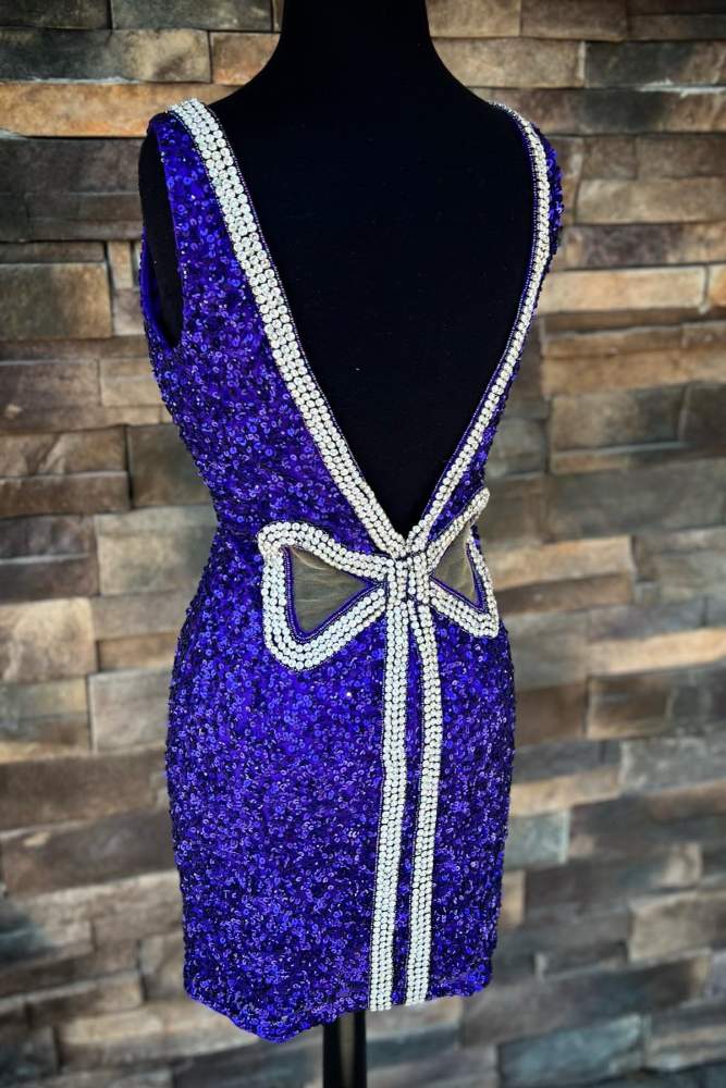 Purple Plunging Neck Beaded Tight Short Homecoming Dress