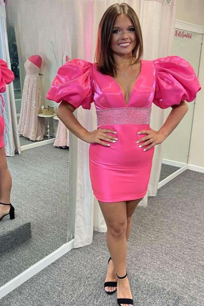 Hot Pink V-Neck Beaded Puff Sleeves Homecoming Dress