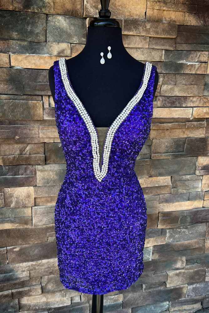 Purple Plunging Neck Beaded Tight Short Homecoming Dress