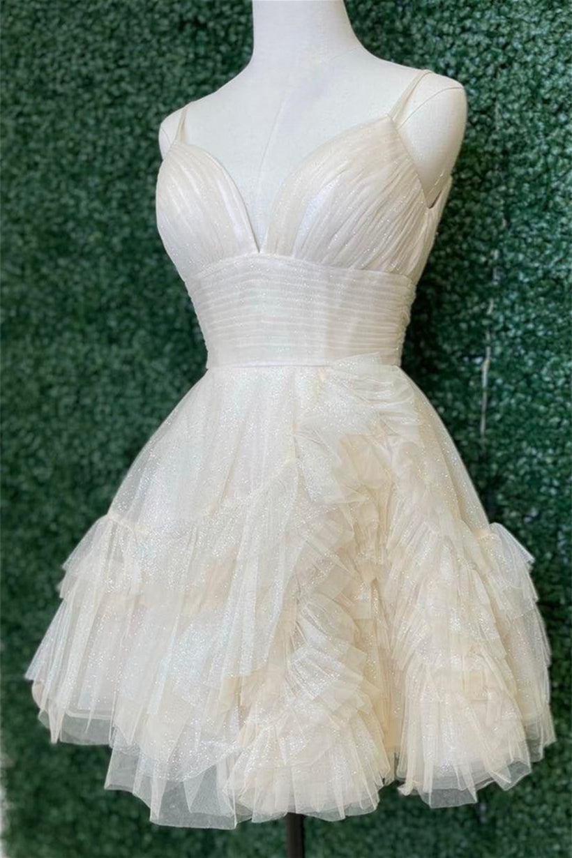 V-Neck Ivory A-line Tulle Ruffle Homecoming Dress