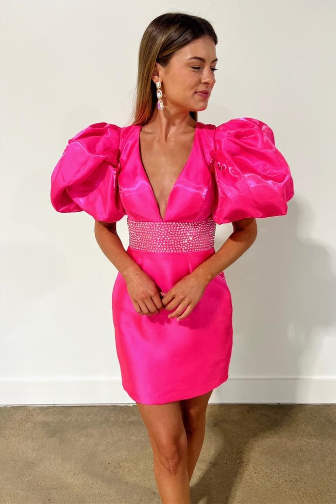 Hot Pink V-Neck Beaded Puff Sleeves Homecoming Dress