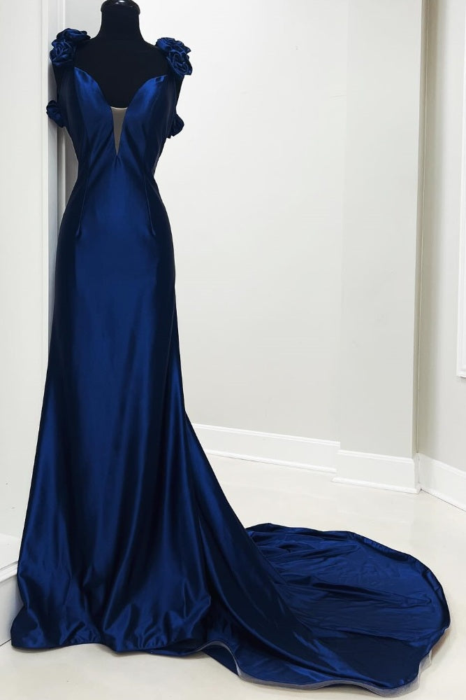 Royal Blue Floral Straps V-Neck Mermaid Prom Dress