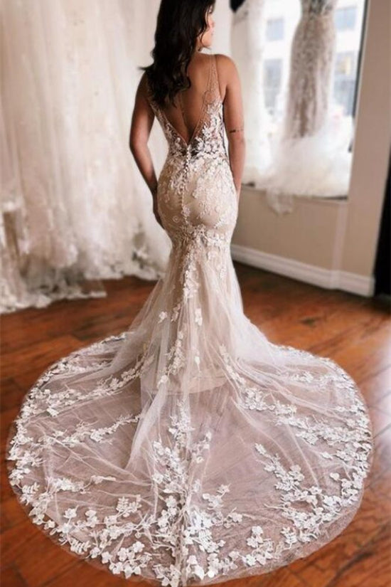 Ivory Plunging Neck Lace Mermaid Bridal Dress with Train