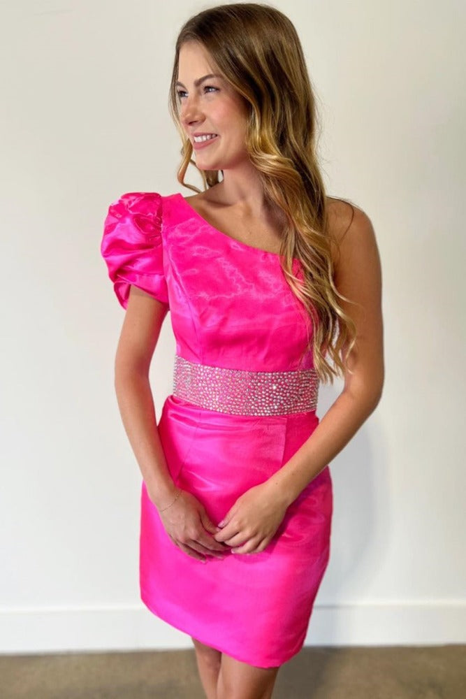 Hot Pink One Shoulder Beaded Tight Homecoming Dress