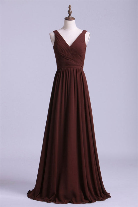 Brown V-Neck Pleated Long Bridesmaid Dress