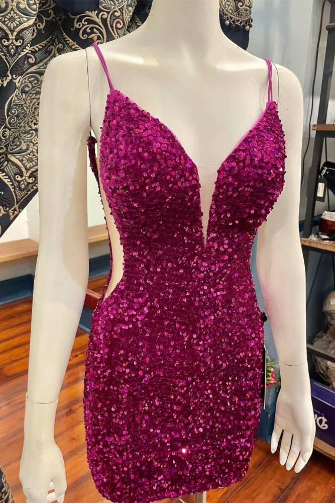 Spaghetti Straps Fuchsia Cutout Tight Homecoming Dress