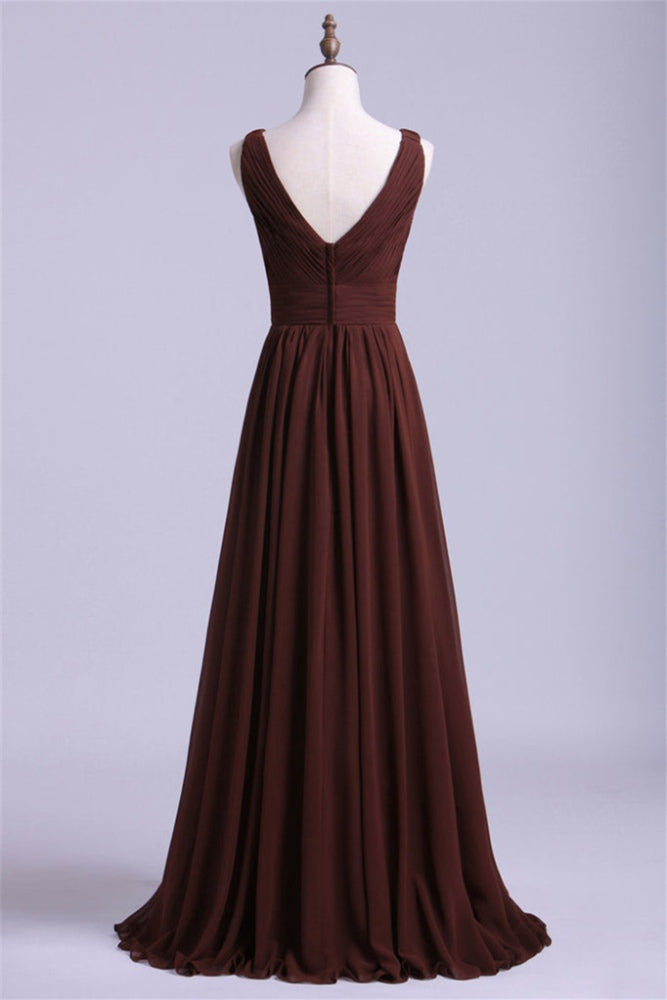 Brown V-Neck Pleated Long Bridesmaid Dress