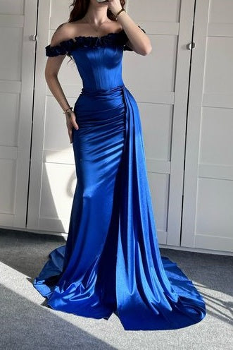 3D Floral Off-Shoulder Satin Trumpet Prom Dress With Train