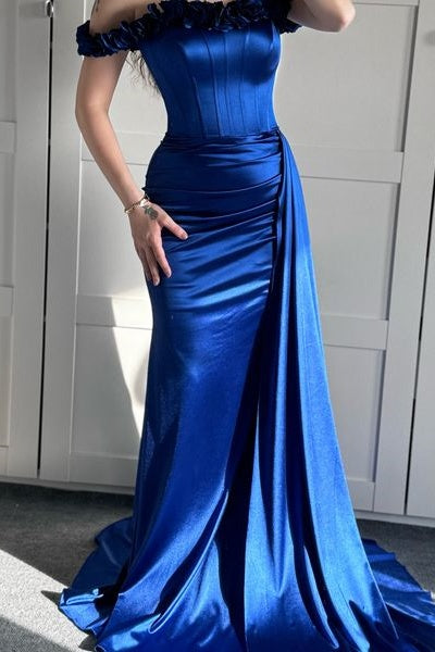 3D Floral Off-Shoulder Satin Trumpet Prom Dress With Train