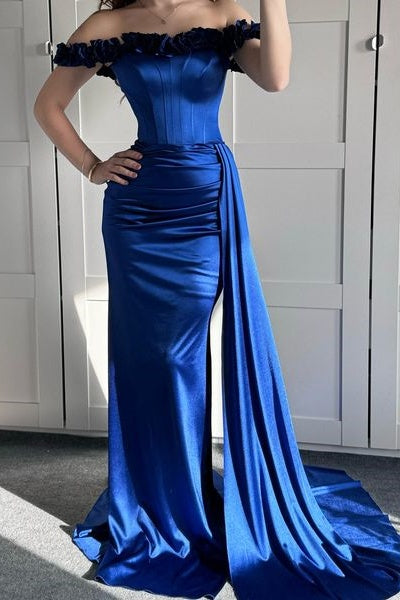 3D Floral Off-Shoulder Satin Trumpet Prom Dress With Train