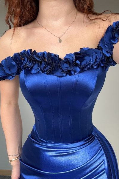 3D Floral Off-Shoulder Satin Trumpet Prom Dress With Train