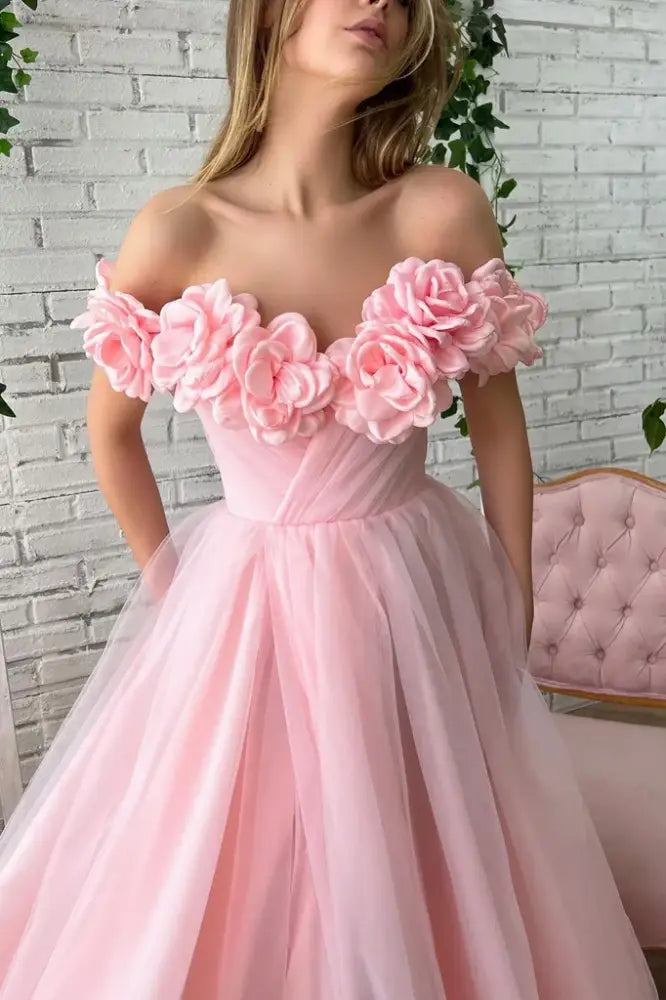 3D Florals Off-ShoulderTulle A-Line Prom Dress