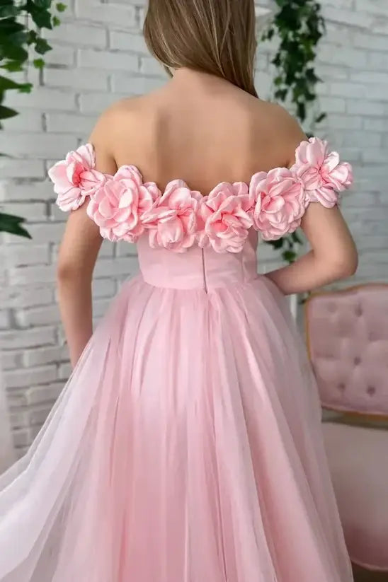 3D Florals Off-ShoulderTulle A-Line Prom Dress