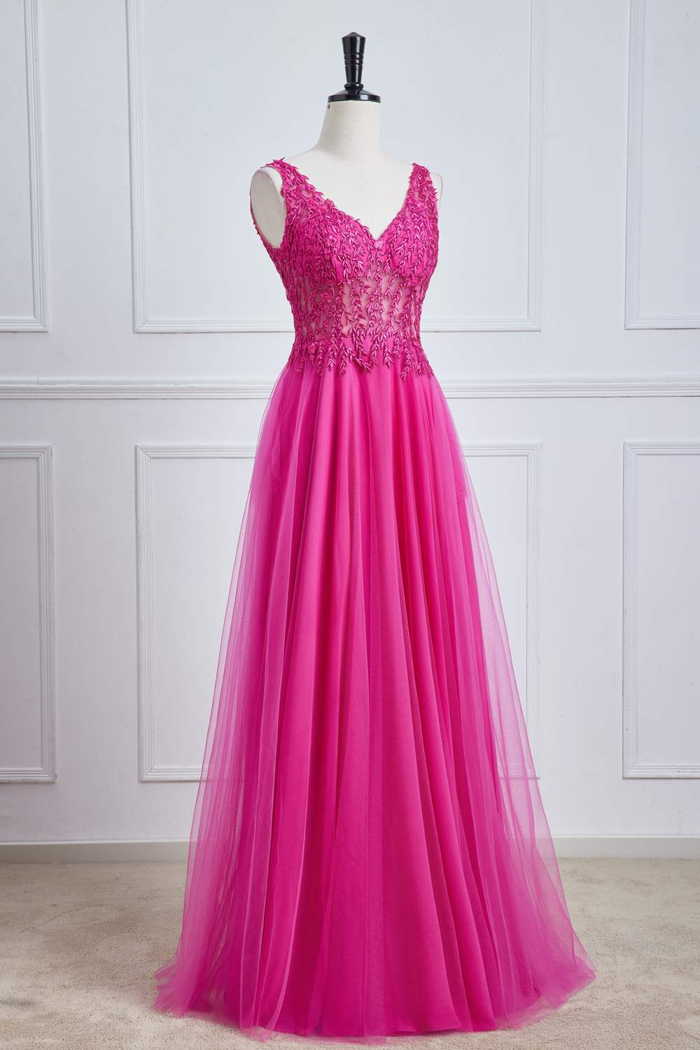 V-Neck Lace Floral Fuchsia  A-line Tulle Long Prom Dress