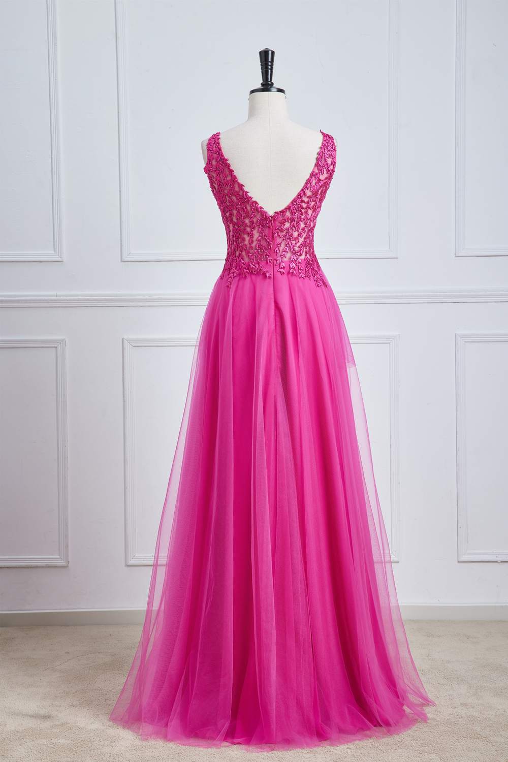 V-Neck Lace Floral Fuchsia  A-line Tulle Long Prom Dress