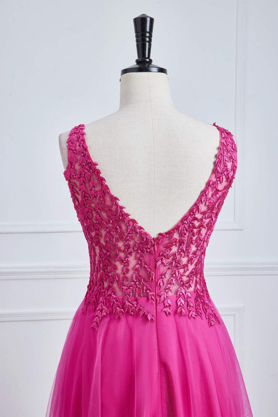 V-Neck Lace Floral Fuchsia  A-line Tulle Long Prom Dress