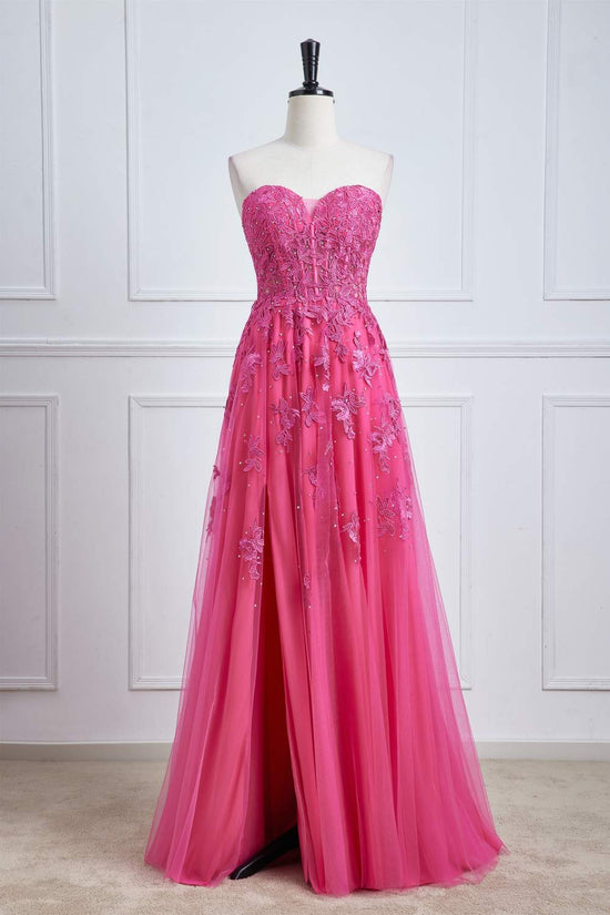 Strapless Hot Pink Lace Applique A-line Slit Long Prom Dress