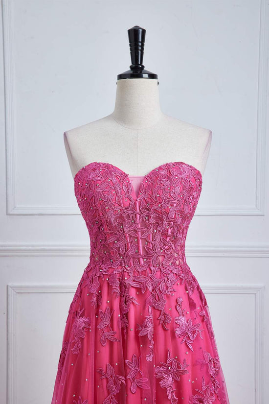 Strapless Hot Pink Lace Applique A-line Slit Long Prom Dress