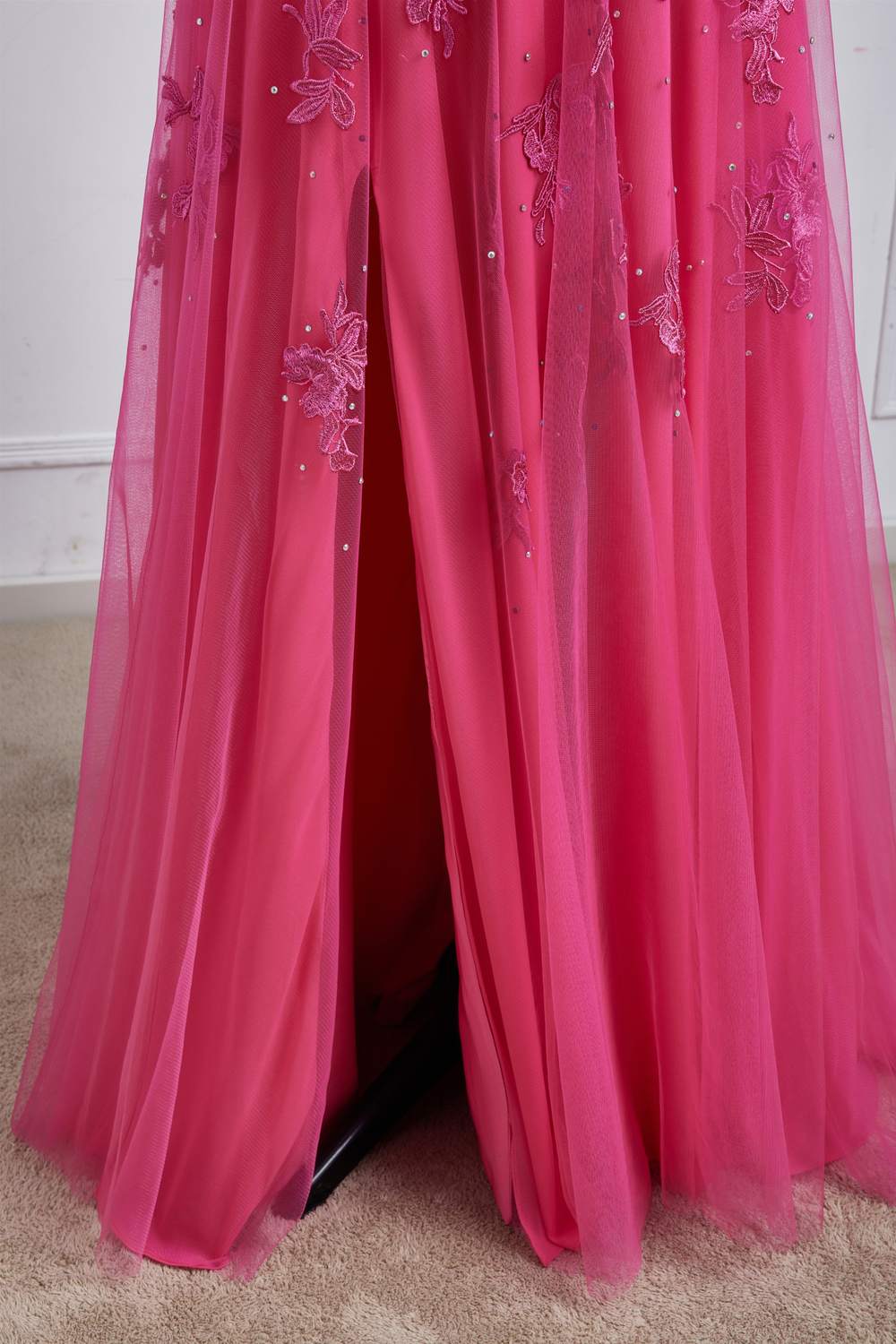 Strapless Hot Pink Lace Applique A-line Slit Long Prom Dress