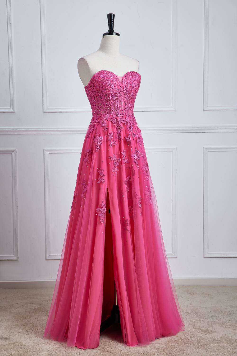 Strapless Hot Pink Lace Applique A-line Slit Long Prom Dress