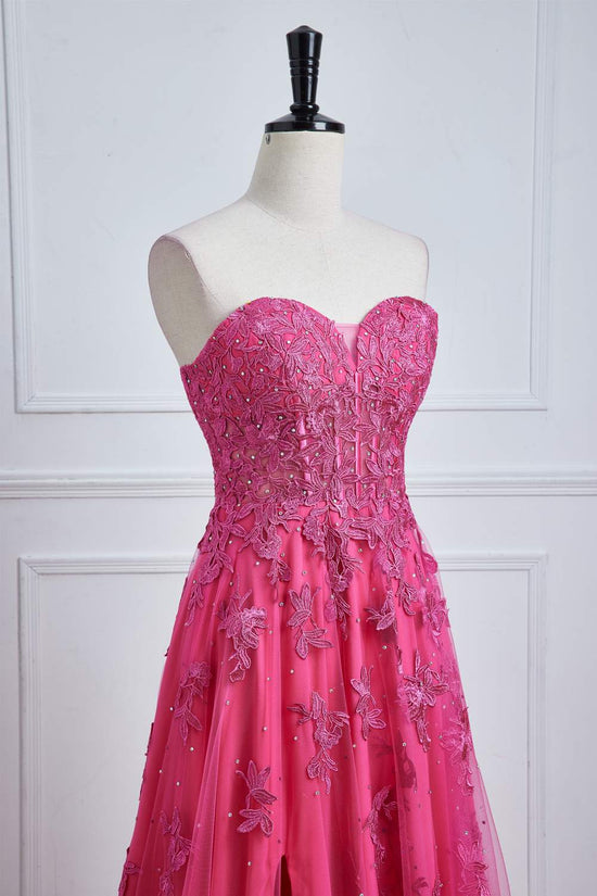 Strapless Hot Pink Lace Applique A-line Slit Long Prom Dress