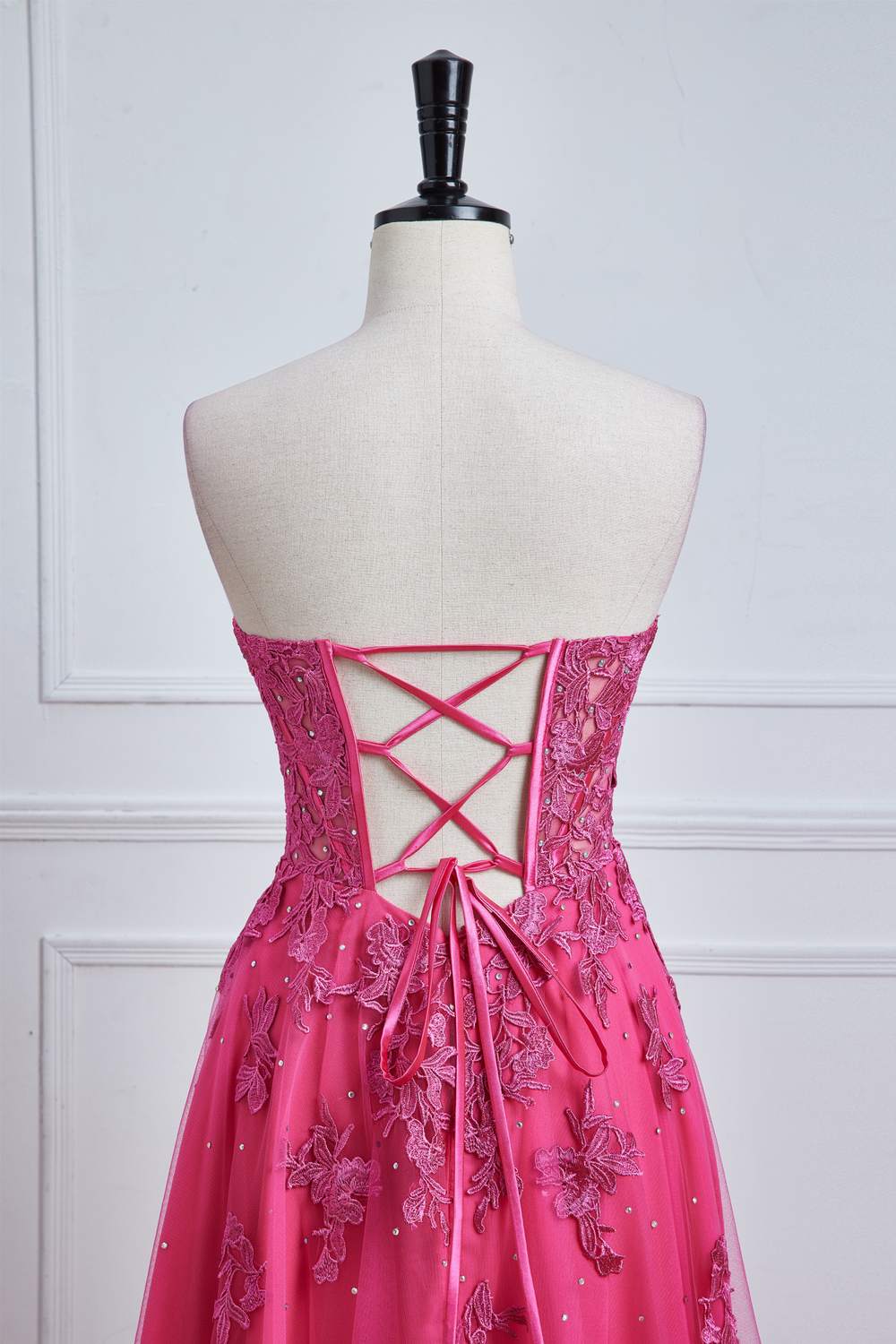 Strapless Hot Pink Lace Applique A-line Slit Long Prom Dress