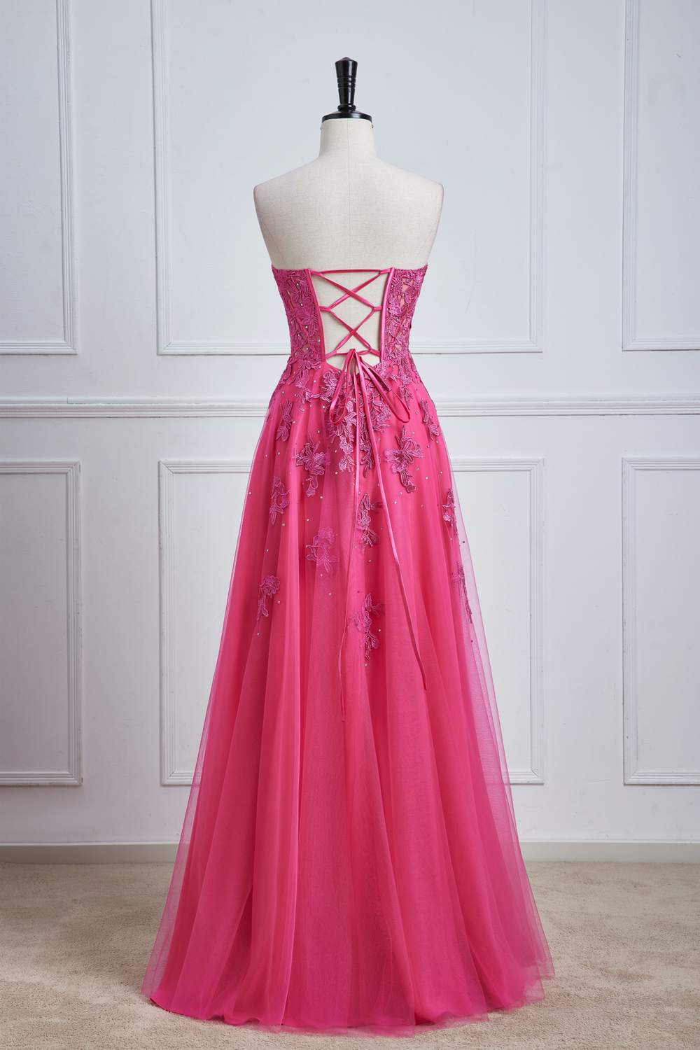 Strapless Hot Pink Lace Applique A-line Slit Long Prom Dress