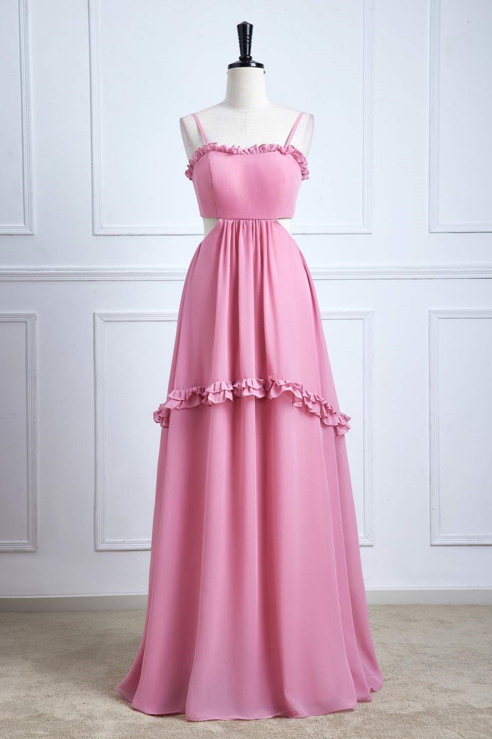 Spaghetti Straps Pink Bow Tie Back Bridesmaid Dress