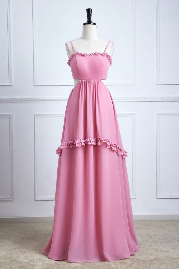 Spaghetti Straps Pink Bow Tie Back Bridesmaid Dress