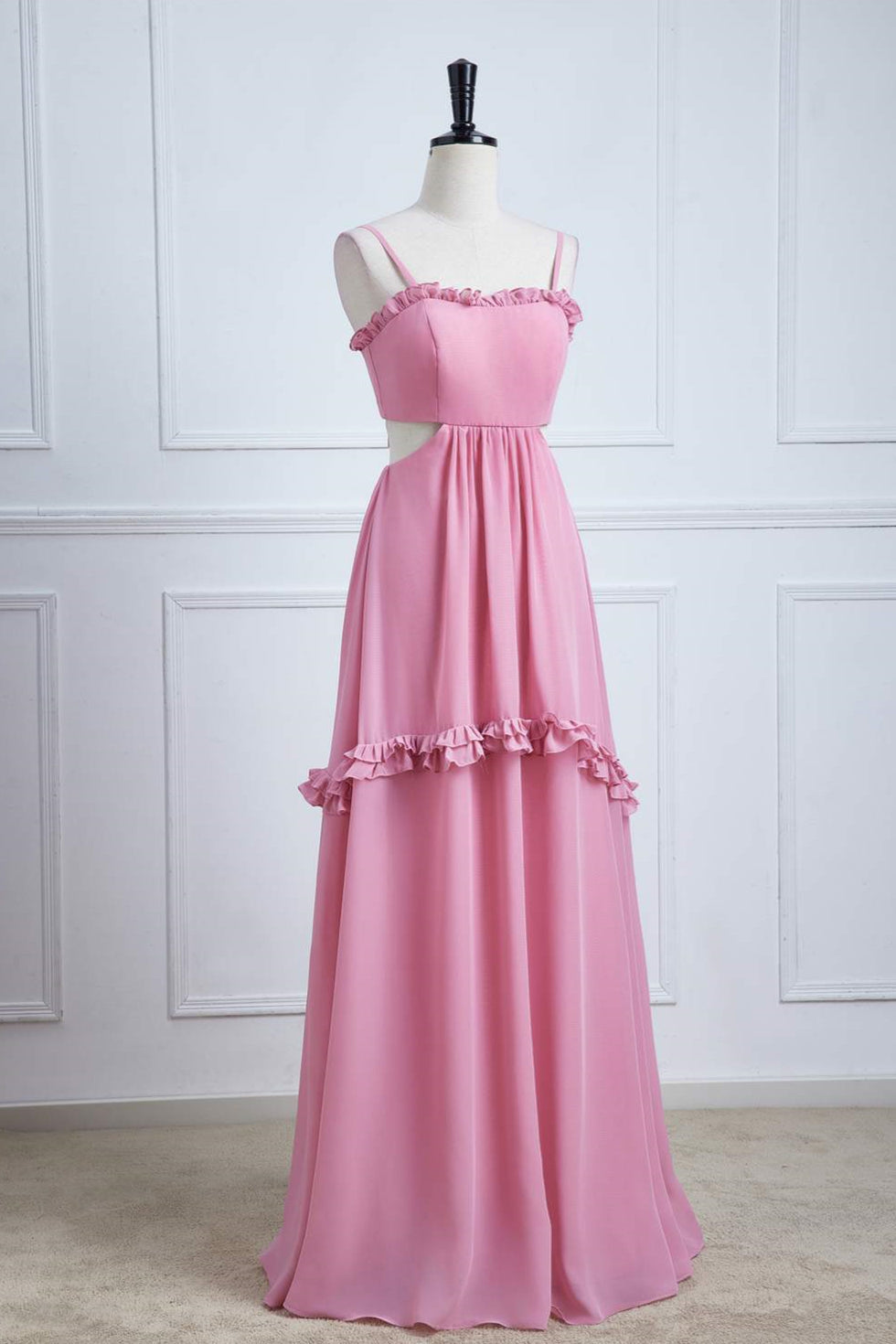 Spaghetti Straps Pink Bow Tie Back Bridesmaid Dress